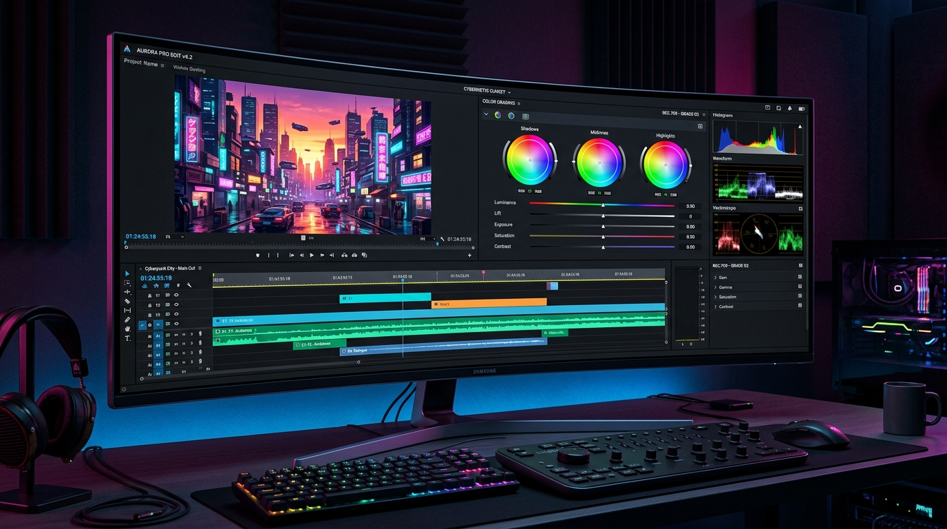 AI Video Editing Workspace Mockup